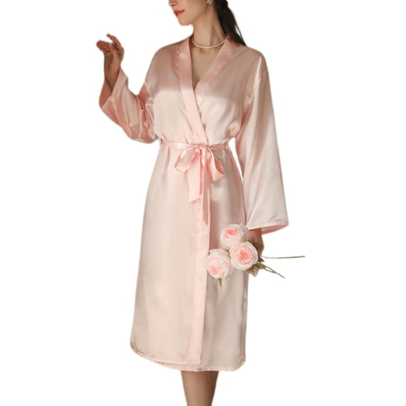 Women's Satin Robe Long Kimono Robe Comfy Spring Bathrobe Summer Silky Bridesmaid Lightweight Soft Bride Bridal Party Pink Large