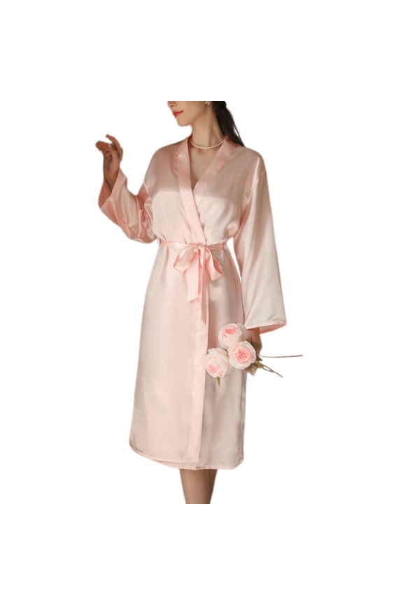 Women's Satin Robe Long Kimono Robe Comfy Spring Bathrobe Summer Silky Bridesmaid Lightweight Soft Bride Bridal Party Pink Large