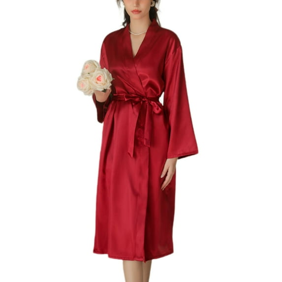 Women's Satin Robe Long Kimono Robe Comfy Spring Bathrobe Summer Silky Bridesmaid Lightweight Soft Bride Bridal Party Red Small