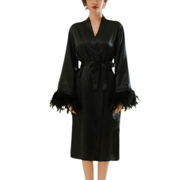 Women's Satin Robe Luxury Bridal Party Comfy V Neck Bathrobe Faux Leather Kimono Robe Summer Long Sleeve Lightweight Bridesmaid Black X-Small