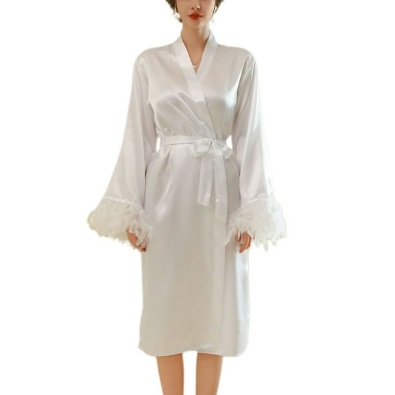Women's Satin Robe Luxury Bridal Party Comfy V Neck Bathrobe Faux Leather Kimono Robe Summer Long Sleeve Lightweight Bridesmaid White Large