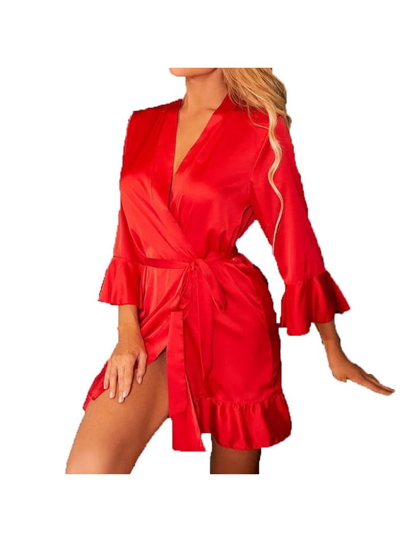 Women's Satin Robe - Ruffle Lingerie Kimono Bathrobe - Short Belted Robes Bridesmaids Sleepwear Dressing Gown