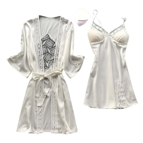 Women's Satin Robe Set 2 Piece Soft Pajamas Sets Cami Slip Dress Nightgown and Silk Robes Nightwear Lounge Wear