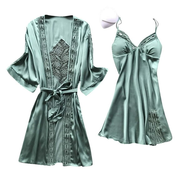 Women's Satin Robe Set 2 Piece Soft Pajamas Sets Cami Slip Dress Nightgown and Silk Robes Nightwear Lounge Wear