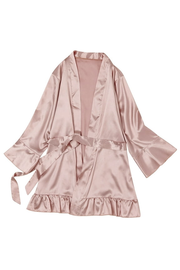 Women's Satin Robe Short Ruffle Hem Silky Robes Lightweight Kimono Brides Bathrobes Sleepwear