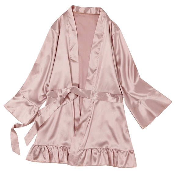Women's Satin Robe Short Ruffle Hem Silky Robes Lightweight Kimono Brides Bathrobes Sleepwear
