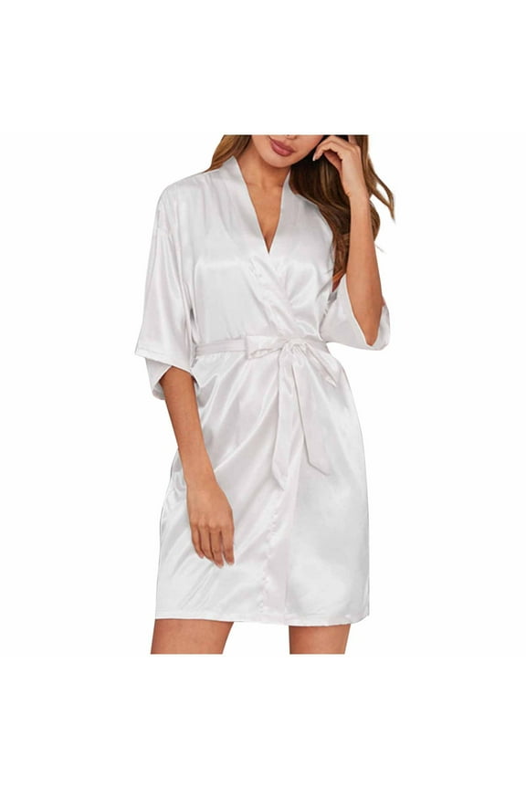 Women's Satin Robe Silk Short Bathrobe Bridesmaid Wedding Robes 3/4 Sleeve Deep V Neck Sleepwear with Belt
