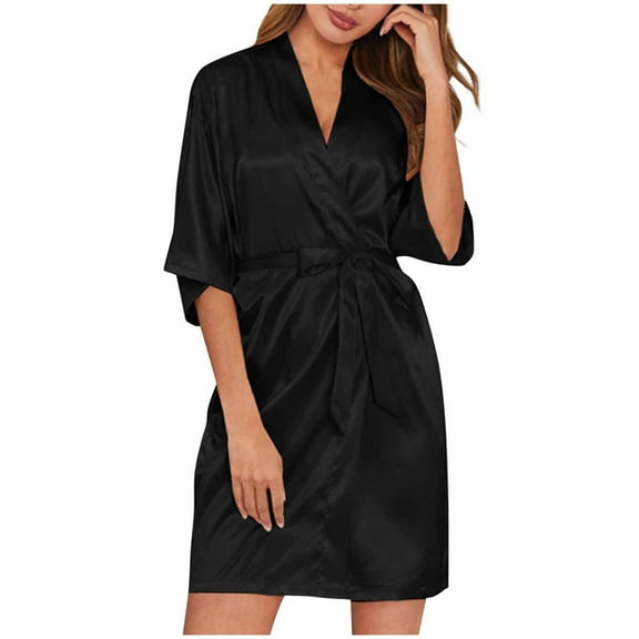 Women's Satin Robe Silk Short Bathrobe Bridesmaid Wedding Robes 3/4 Sleeve Deep V Neck Sleepwear with Belt