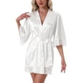thumbnail image 1 of Women's Satin Robe Silky Lace Trim Bridal Party Tie Waist Wedding Bridesmaid Bathrobe M White, 1 of 6
