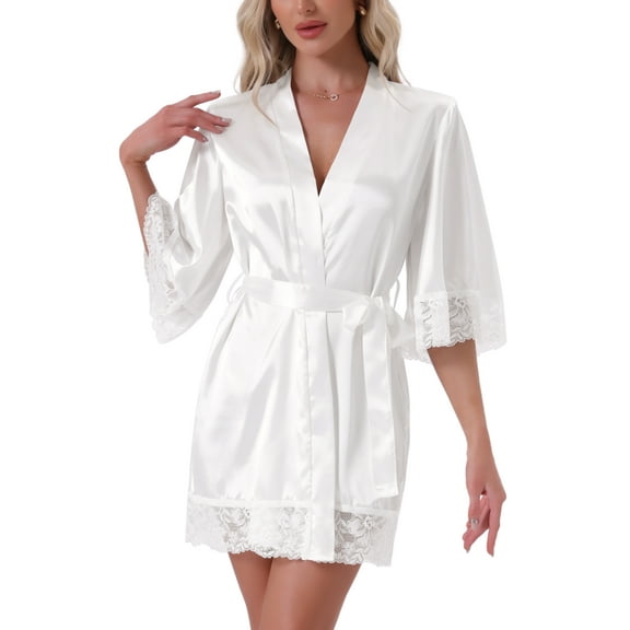 Women's Satin Robe Silky Lace Trim Bridal Party Tie Waist Wedding Bridesmaid Bathrobe M White