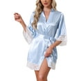 thumbnail image 1 of Women's Satin Robe Silky Lace Trim Bridal Party Tie Waist Wedding Bridesmaid Bathrobe S Blue, 1 of 5