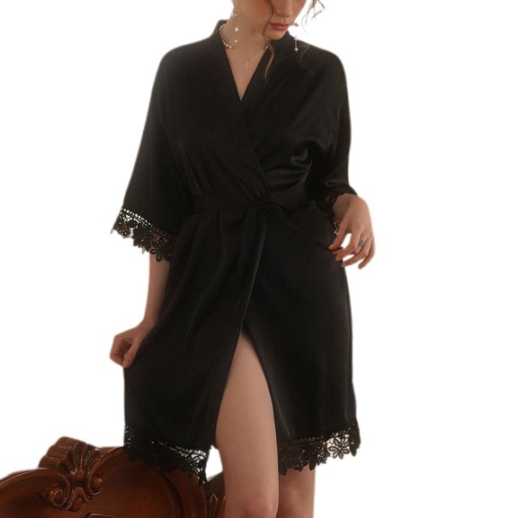 Women's Satin Robe Summer Wedding Party Loungewear Bride Bridesmaid Bath Robe Silky Soft Lace Cool Spring V Neck House Black Small