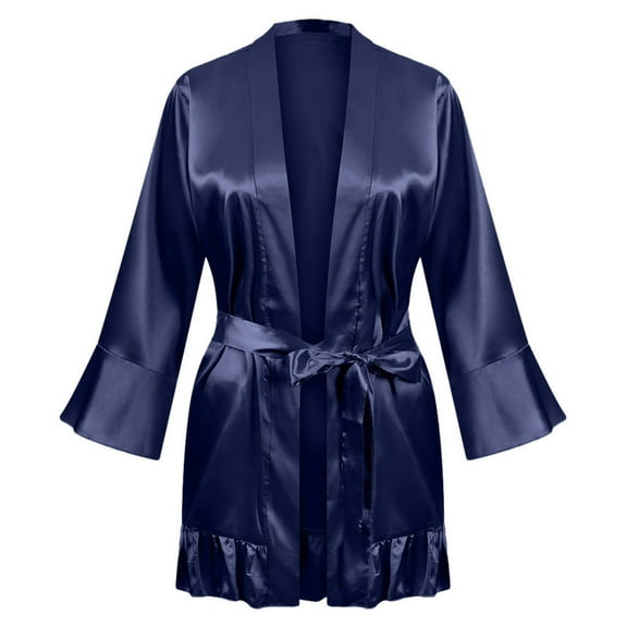 Women's Satin Robe Women's Nightgown Long Robe Nightwear Women Set Underwear Satin Pajama Coat Women Long Loose Robes Satin Robe for Women Dark Blue M