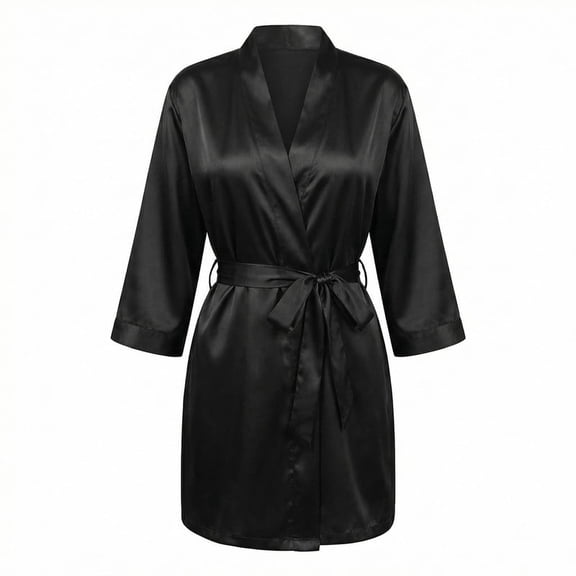 Women's Satin Robe with V-Neck, Lightweight Kimono Robe Pajama Loungewear(M,Black)