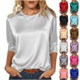 thumbnail image 1 of Women's Satin Round-Neck 3/4 Sleeve Loose Blouse, Women's Spring/Summer Satin Three-Quarter Sleeve Round-Neck Solid Color Pullover Top for Daily/Office/Weekend Outfits, 1 of 10