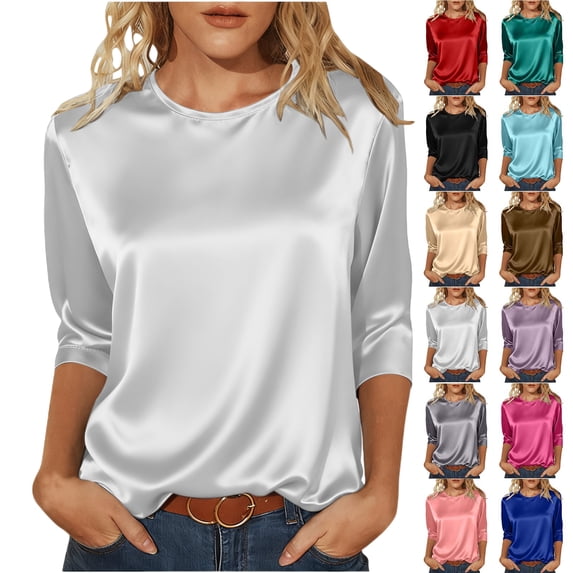 Women's Satin Round-Neck 3/4 Sleeve Loose Blouse, Women's Spring/Summer Satin Three-Quarter Sleeve Round-Neck Solid Color Pullover Top for Daily/Office/Weekend Outfits