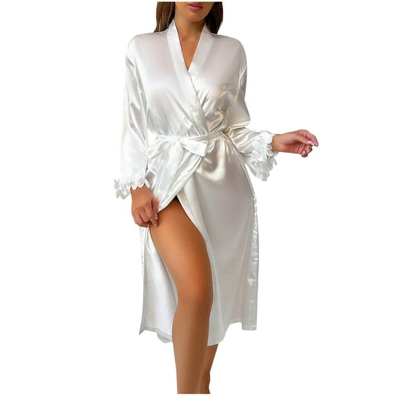 Women’s Satin Ruffle Hem Robe – Luxurious Silk Kimono Bathrobe (2025 Bridal & Spa Essential)