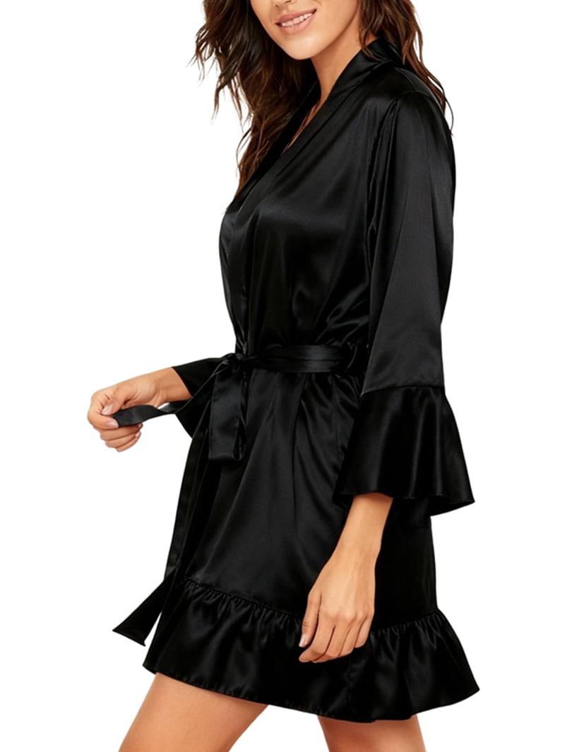 Women's Satin Ruffle Trim Tie Front Short Robe Black S - Walmart.com