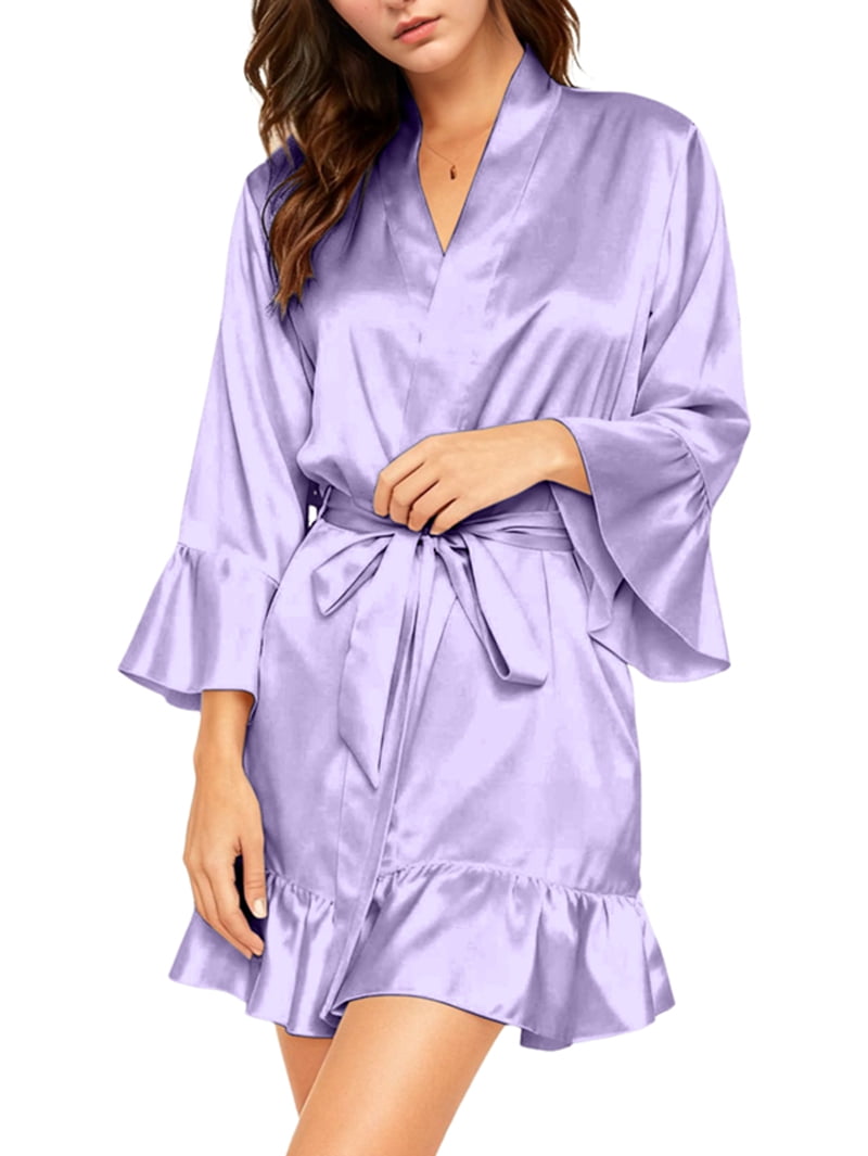 Women's Satin Ruffle Trim Tie Front Short Robe L - Walmart.com
