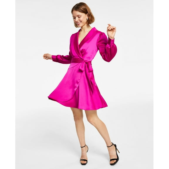 Women's Satin Shawl-Collar Fit & Flare Dress Fuschia 6