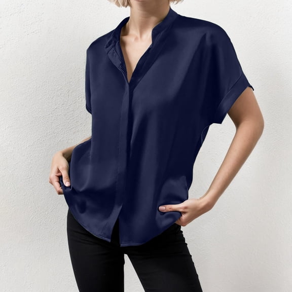 Women's Satin Shirt Short Sleeve Collar Blouse Elegant Comfortable Soft Lightweight Stylish Casual Wear Tops