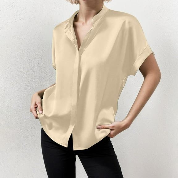 Women's Satin Shirt Short Sleeve Collar Blouse Elegant Comfortable Soft Lightweight Stylish Casual Wear Tops