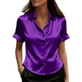 thumbnail image 1 of Women's Satin Short Sleeve Shirt Dressy Button down Silk Lapel Collar Tops Business Casual Work Office Outfits, 1 of 6