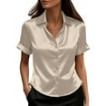 thumbnail image 1 of Women's Satin Short Sleeve Shirt Dressy Button down Silk Lapel Collar Tops Business Casual Work Office Outfits, 1 of 6