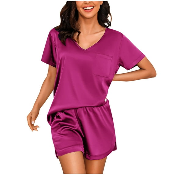 Women's Satin Short Sleeve V Neck Pajamas Wear Shorts T Shirt Set