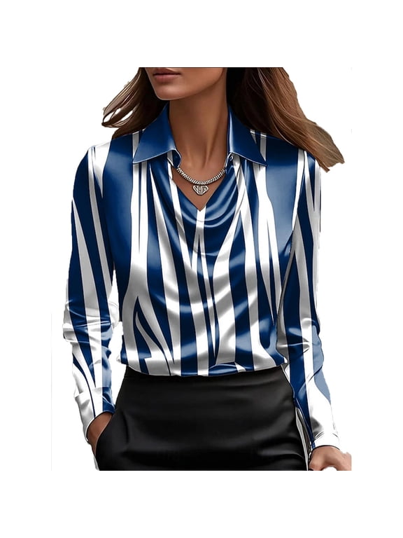 Women's Satin Silk Blouse Cowl Neck Draped Long Sleeve Collared Shirt Temperament Work Office Tops Blue XXL