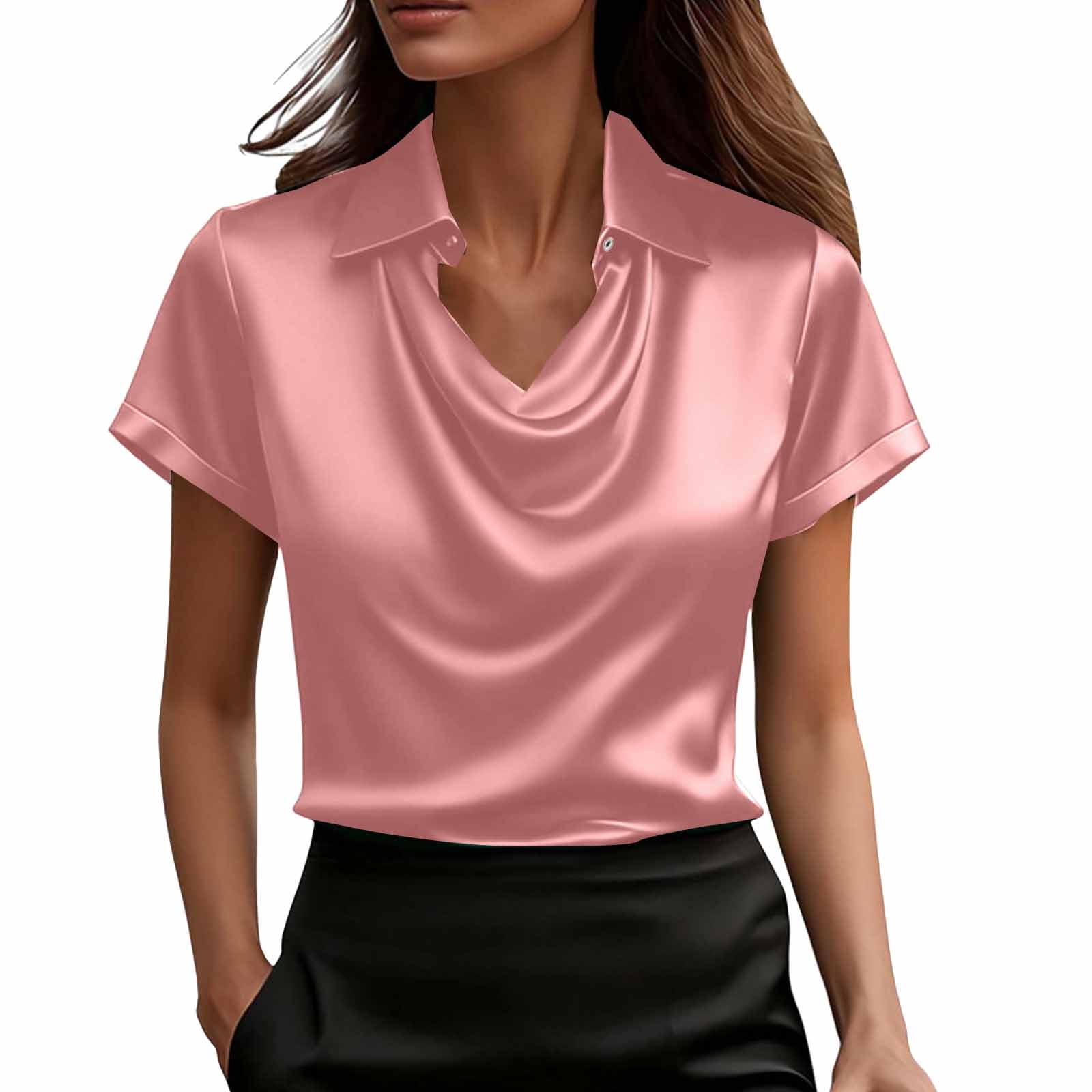 Women's Satin Silk Blouse, Draped V Neck Short Sleeve Loose