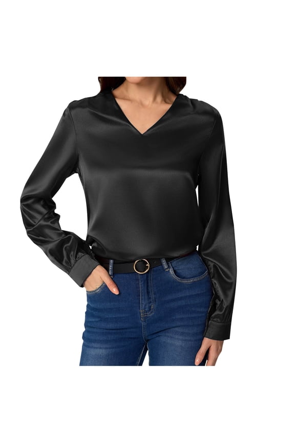 Women's Satin Silk Blouses V Neck Long Sleeve Dressy Casual Work Business Shirts Summer Comfy Elegant Pullover Tops Black L