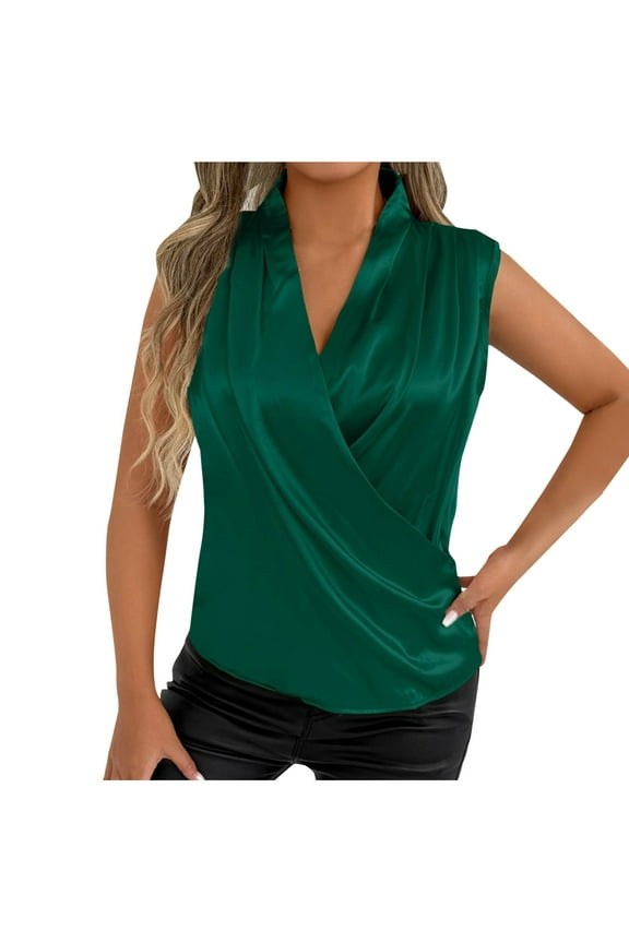 Women's Satin Silk Blouses Wrap V Neck Puff Sleeveless Shirts Casual Office Work Tank Tops