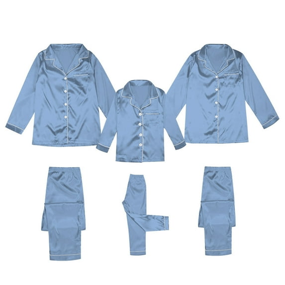 HNMKIU Soft Matching Family Pajamas Set with Buttons Long Sleeve Solid Color Family Casual Wear Home Sleepwear Light Blue,Women:M