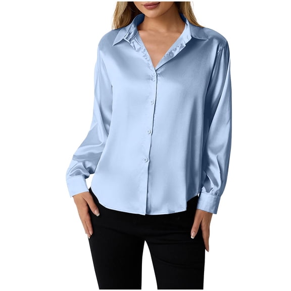 Women's Satin Silk Button Down Shirts Casual Elegant Long Sleeve Solid Color Dressy Shirts Lightweight Office Work Tunic Blouse