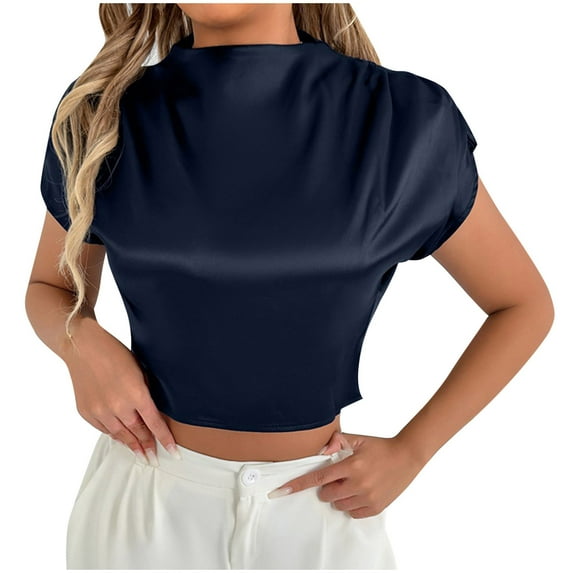 Women's Satin Silk Crop Top Short Sleeve Pullover Blouses Casual Slim Fit Elegant Business Work Tunic Tops