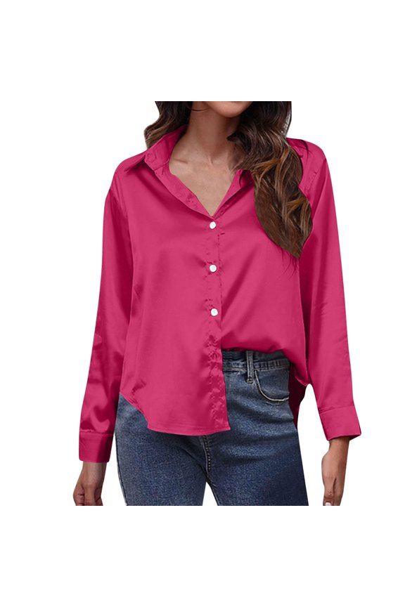 Women's Satin Silk Dress Shirts Wrinkle Free Button Down Collared Shirt Solid Work Business Long Sleeve Blouses