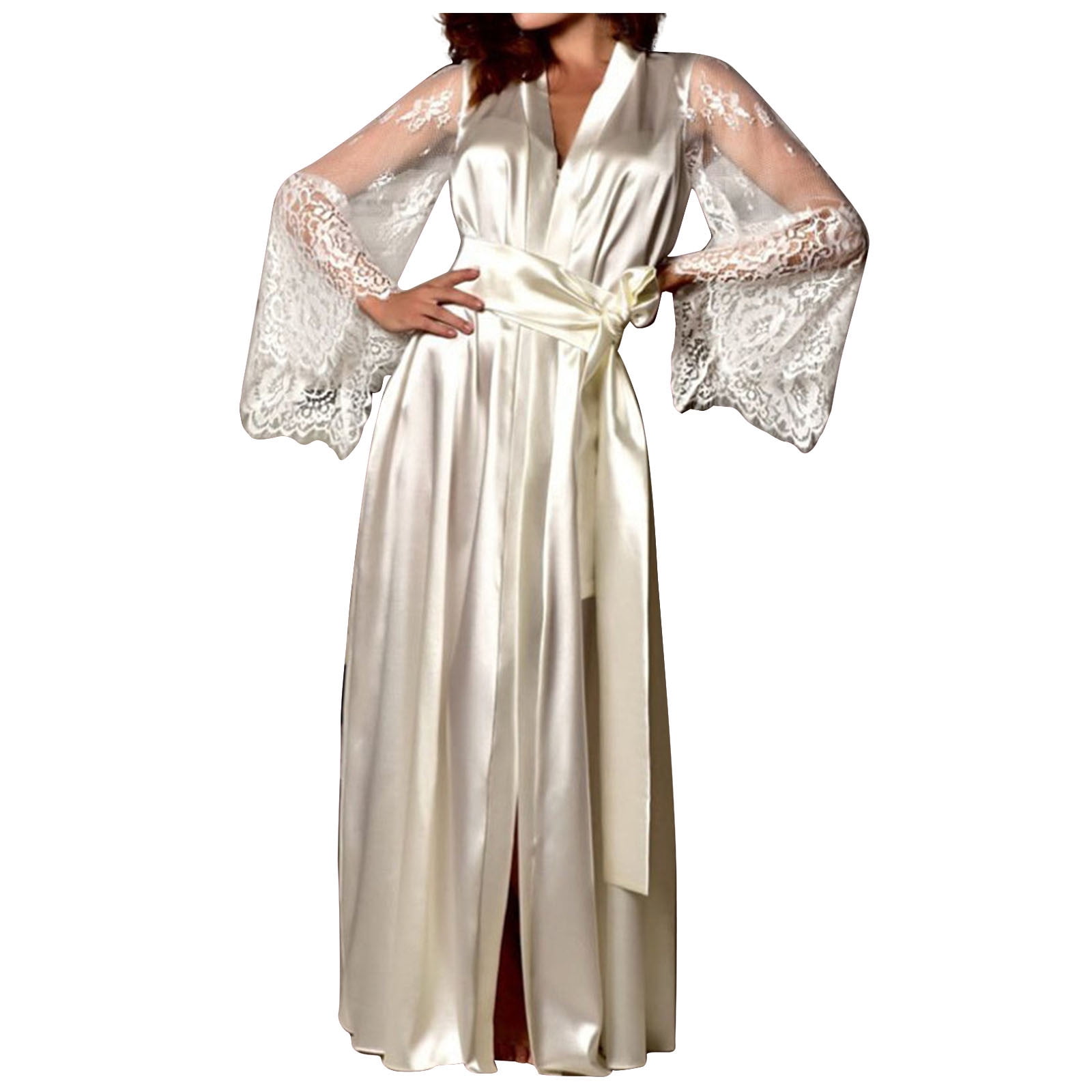 FchengtaiS Women's Satin Silk Kimono Robe Floral Lace Long Sleeves Dressing Gown Bathrobe Bride Long Robes Nightwear, Size: Large
