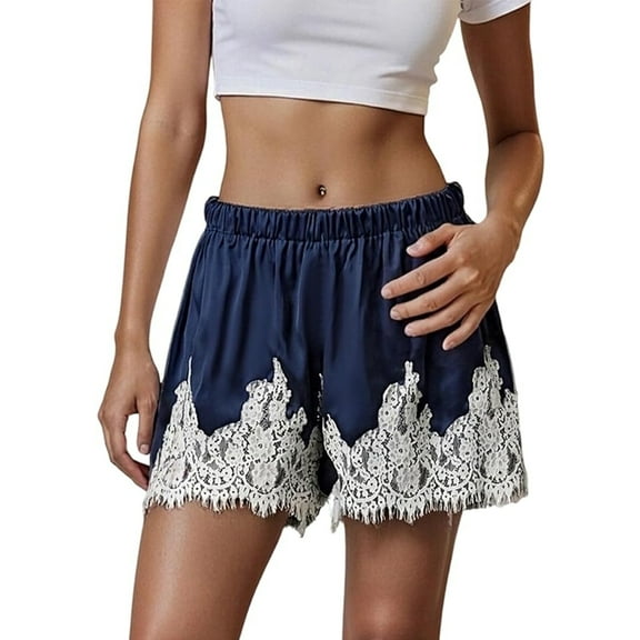 Women's Satin Silk Lace Shorts, Low Rise Micro Shorts Half Bottoms French Knickers, Comfortable Sleepwear Shorts with Lace Trim for Lounge and Home,Blue,S