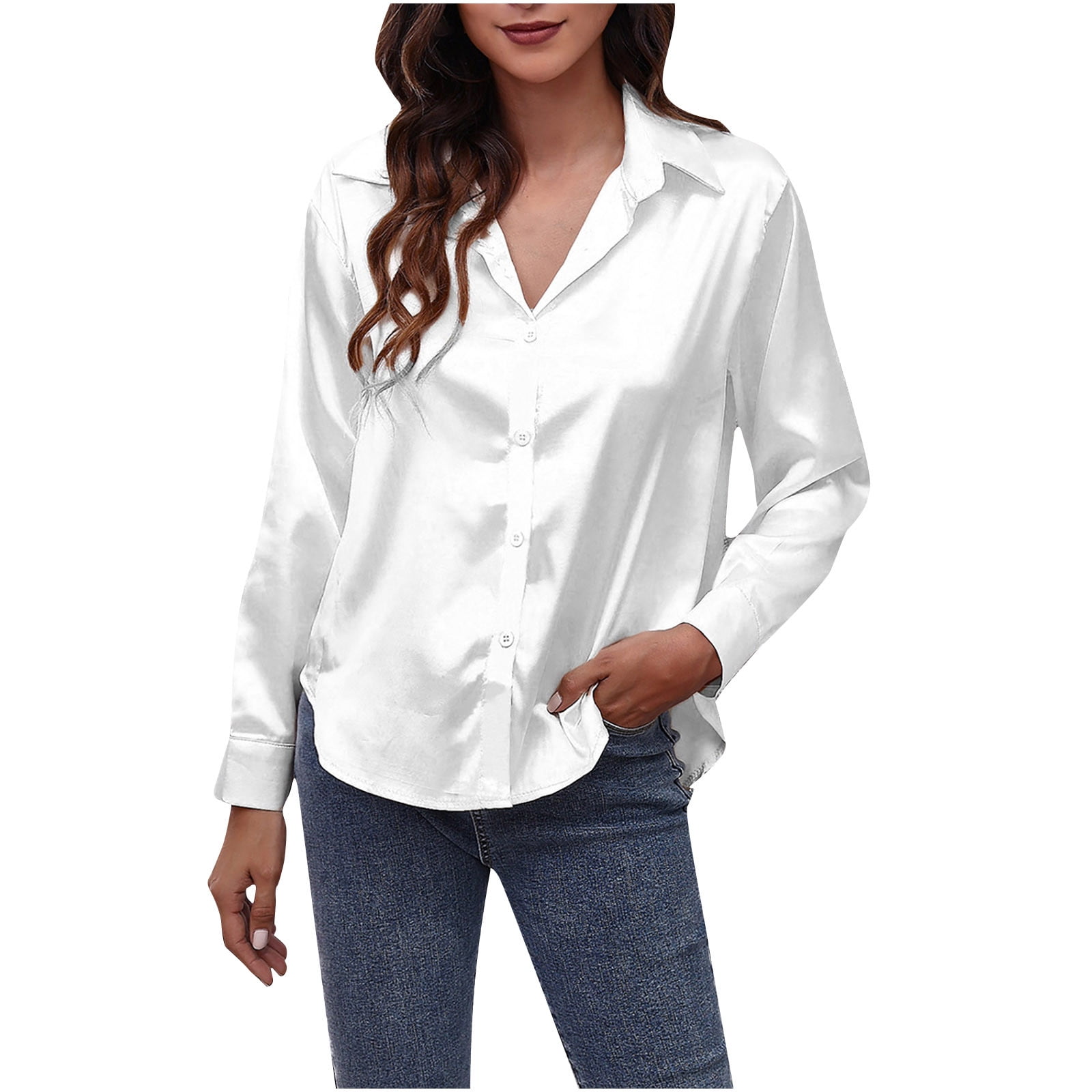 Women's Satin Silk Long Sleeve Button Down Collared Shirt Formal Work  Blouse Top Casual Solid Shirts for Office Lady