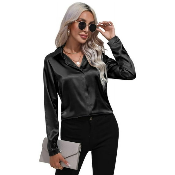 Women's Satin Silk Long Sleeve Button Down Shirt Formal Work Blouse Top Point Collar Vintage Button Up Shirt Work Office Silky Shirts Tops S-XL