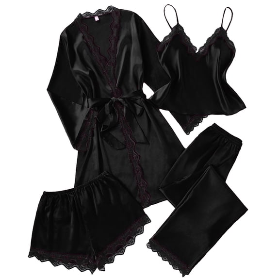 Women's Satin Silk Pajamas Set 4pcs with Robe Lace Trim Shorts Lounge Sets Pants Sleepwear