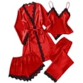 thumbnail image 1 of Women's Satin Silk Pajamas Set 4pcs with Robe Lace Trim Shorts Lounge Sets Pants Sleepwear, 1 of 7