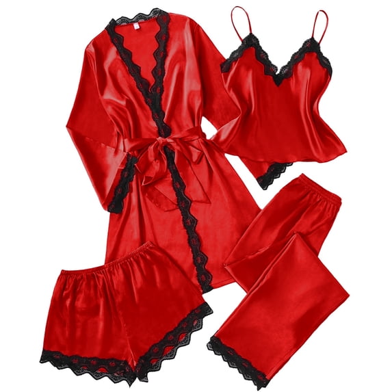 Women's Satin Silk Pajamas Set 4pcs with Robe Lace Trim Shorts Lounge Sets Pants Sleepwear