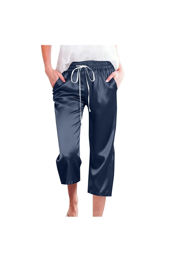 Women's Satin Silk Pants Knee Length Shorts Pull On Elasticated Waist Wide Leg Pyjamas Bottoms Solid Color Casual Half Pants Lightweigth Soft Satin Sleepwear Loungewear with Pockets