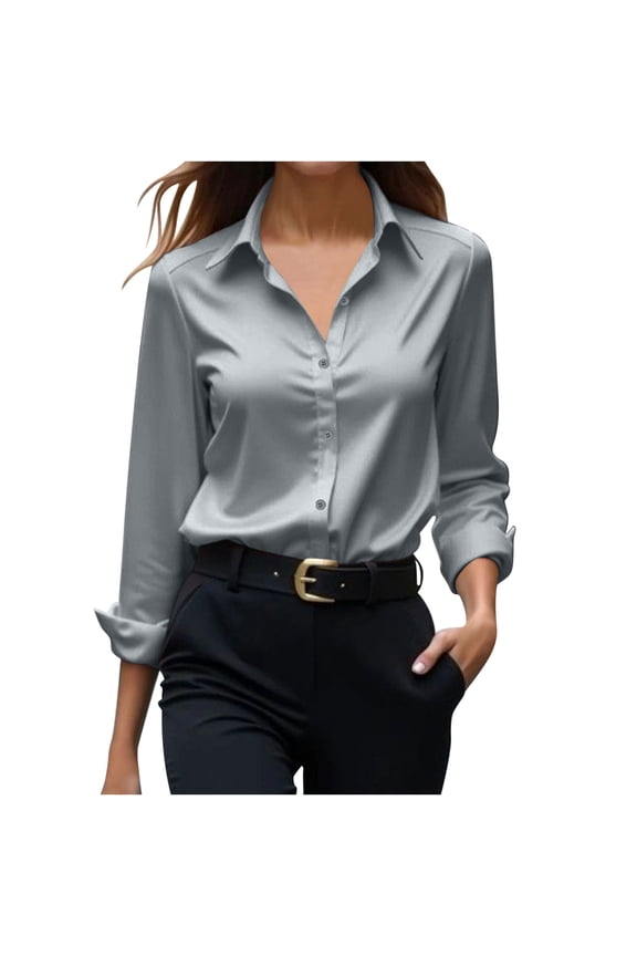 Women's Satin Silk Shirts Long Sleeve Button Down Blouse Casual Loose Office Work Silky Dressy Tunic Tops
