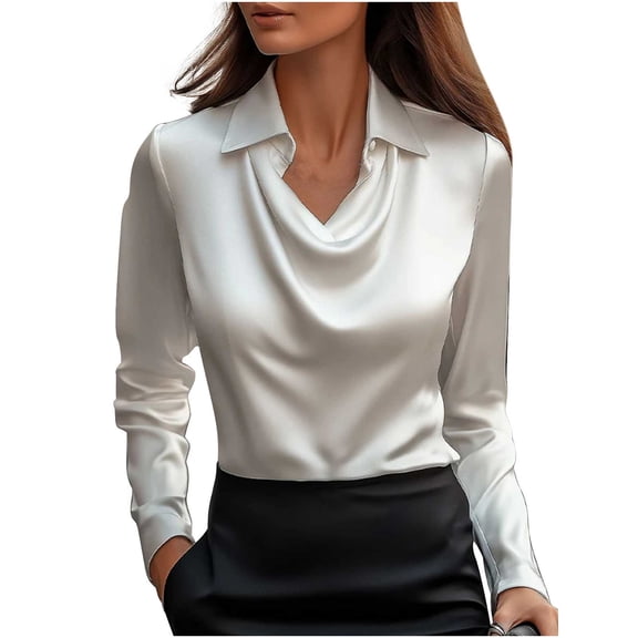 Women's Satin Silky Cowl Neck Drape Ruched Front Long Sleeve Blouse Shirt Top Casual Dressy Loose Clothing Silk Top