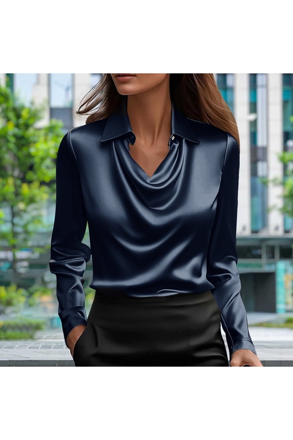 Women's Satin Silky Cowl Neck Drape Ruched Front Long Sleeve Blouse Shirt Top Casual Dressy Loose Clothing