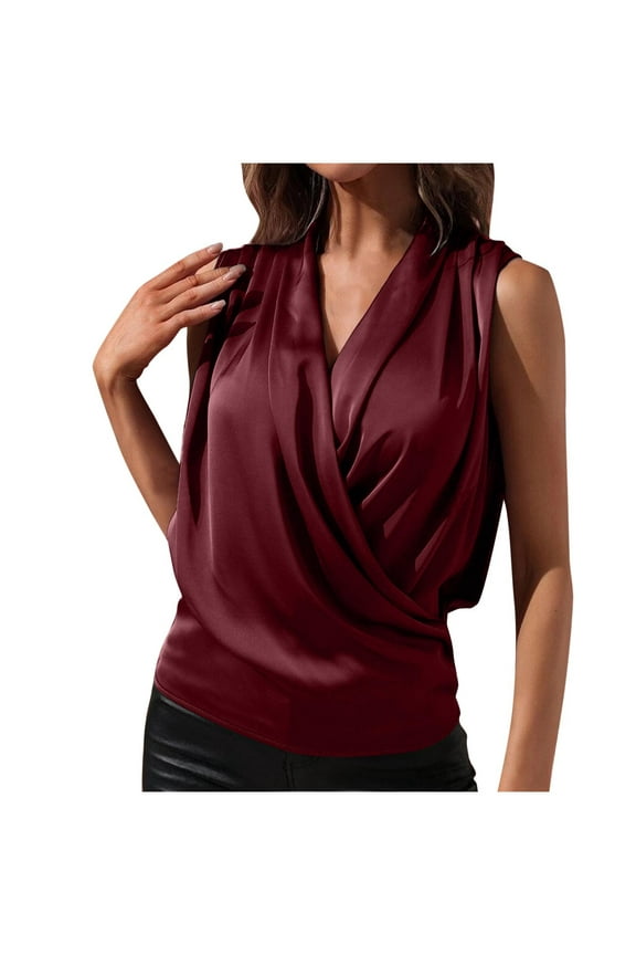 Women's Satin Silky Cowl Neck Drape Ruched Front Sleeveless Tank Blouse Shirts Top