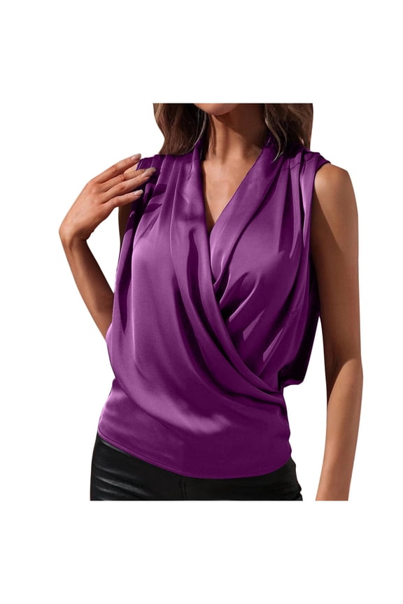 Women's Satin Silky Cowl Neck Drape Ruched Front Sleeveless Tank Blouse Shirts Top